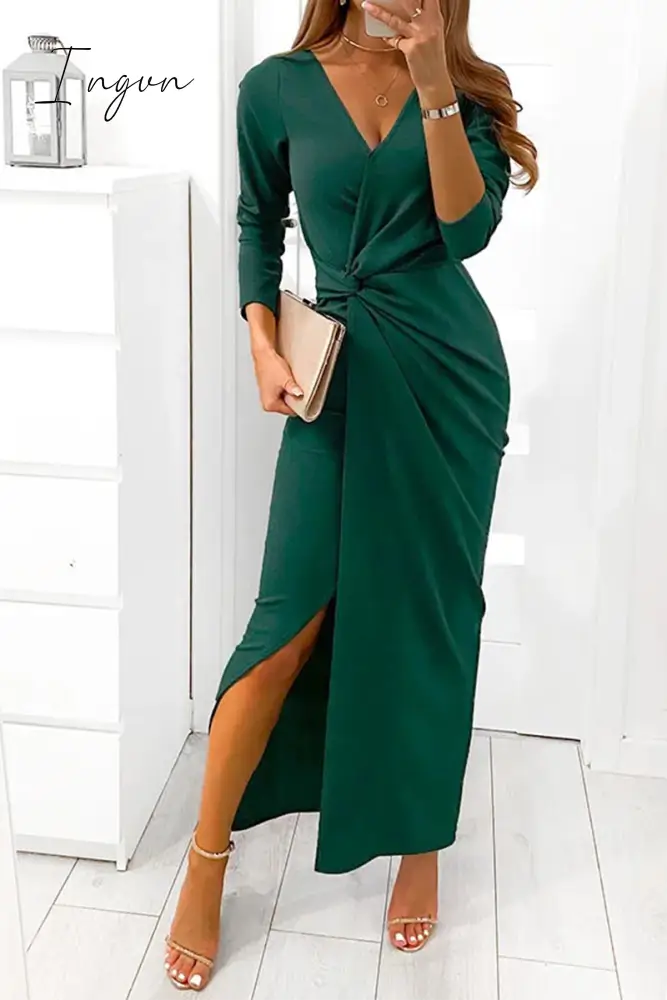 Ingvn - Elegant Solid Slit Fold V Neck Evening Dress Dresses(4 Colors)