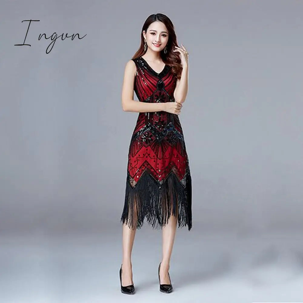 Ingvn - 1920s Vintage Flapper Great Gatsby Party Dress V-Neck Sleeveless Sequin Beaded style Style Tassel Flapper Vestidos Feminina 1920