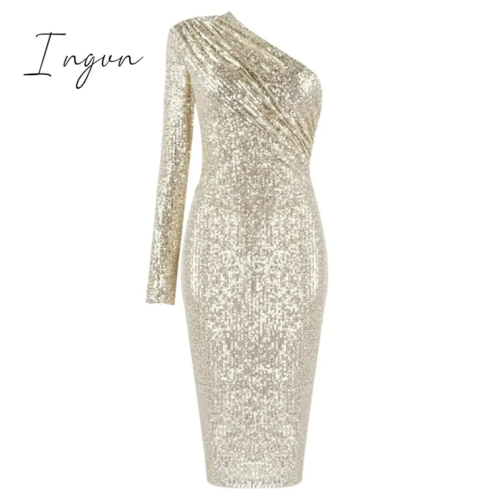 Ingvn - Sexy One Shoulder Dress Sparkle Glitzy Sequins Dress Mesh Patchwork Celebrity Christmas Party Vestidos
