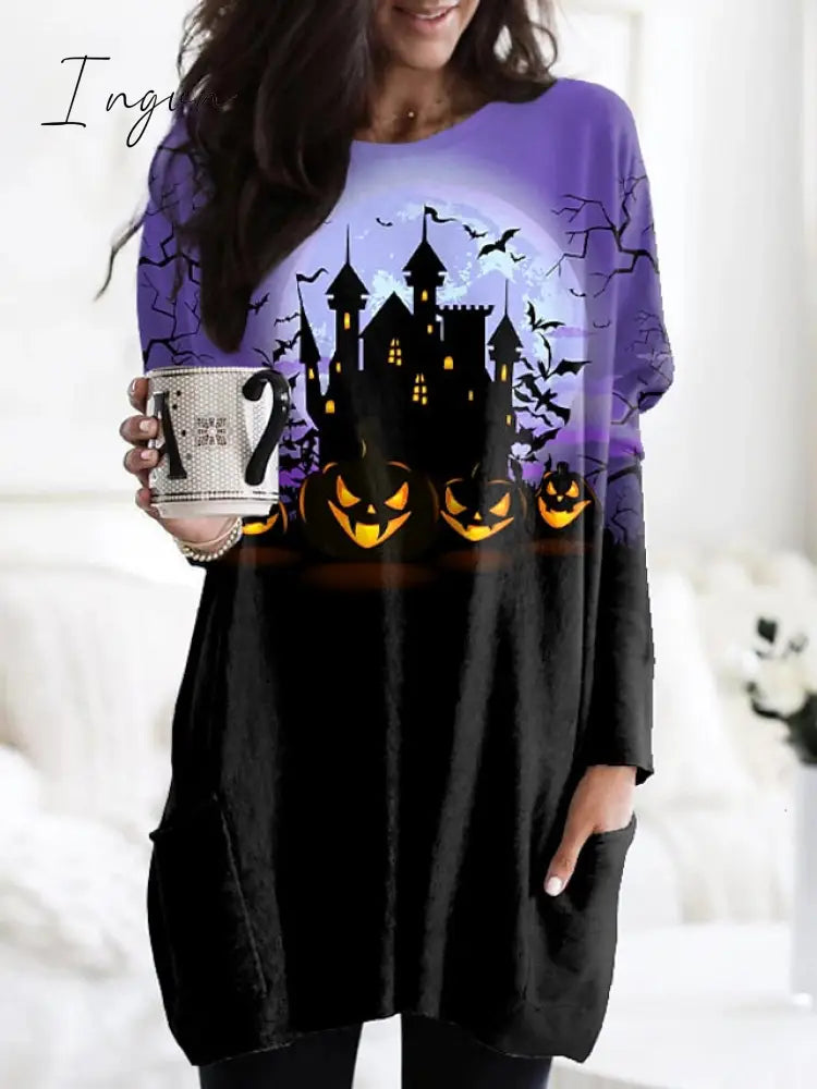 Ingvn - Women's Tunic Shirts Tunic Black White Wine Plaid Color Block Pocket Print Long Sleeve Halloween Weekend Round Neck Long Abstract Painting S