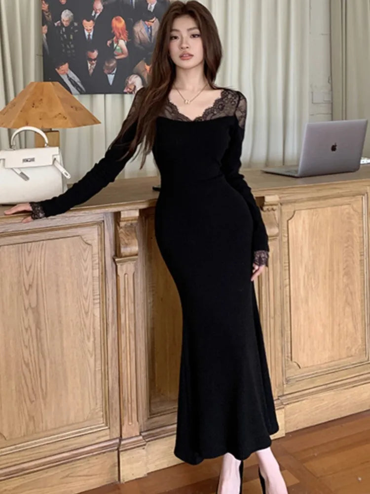 Autumn Lace Patchwork Womens Dresses Elegant V-Neck Bodycon Evening Party Mermaid Dress Slim Waist Midi Vestidos Female Clothing