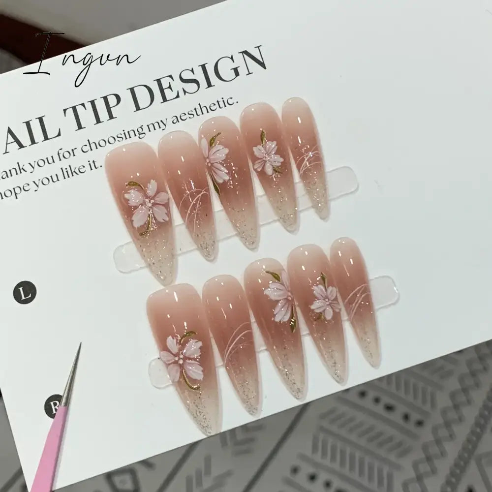 10Pcs Handmade Nails Set Press on Long Almond False Nail with Rhinestone Pink Camellia Design Reusable Full Cover Fake Nail Tips