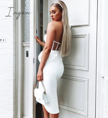 Ingvn - New Summer Fashion Women Bodycon Dress One Shoulder Bow Mesh Ruffle Sleeveless Bandage Dress Celebrity Party Evening Sexy
