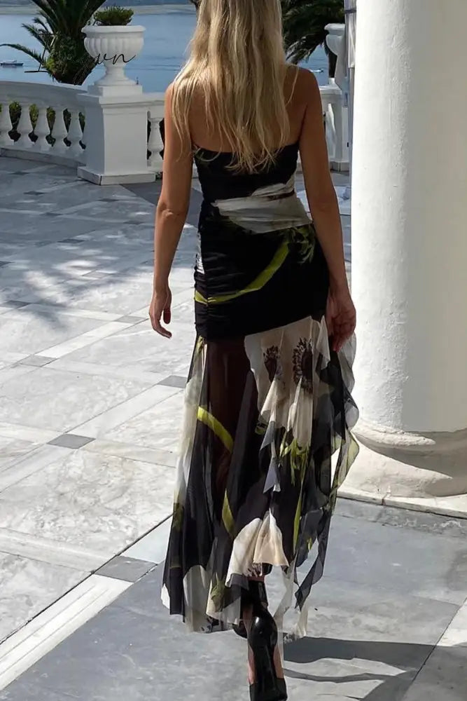 Ingvn - Sexy College Floral Asymmetrical Strapless Dresses