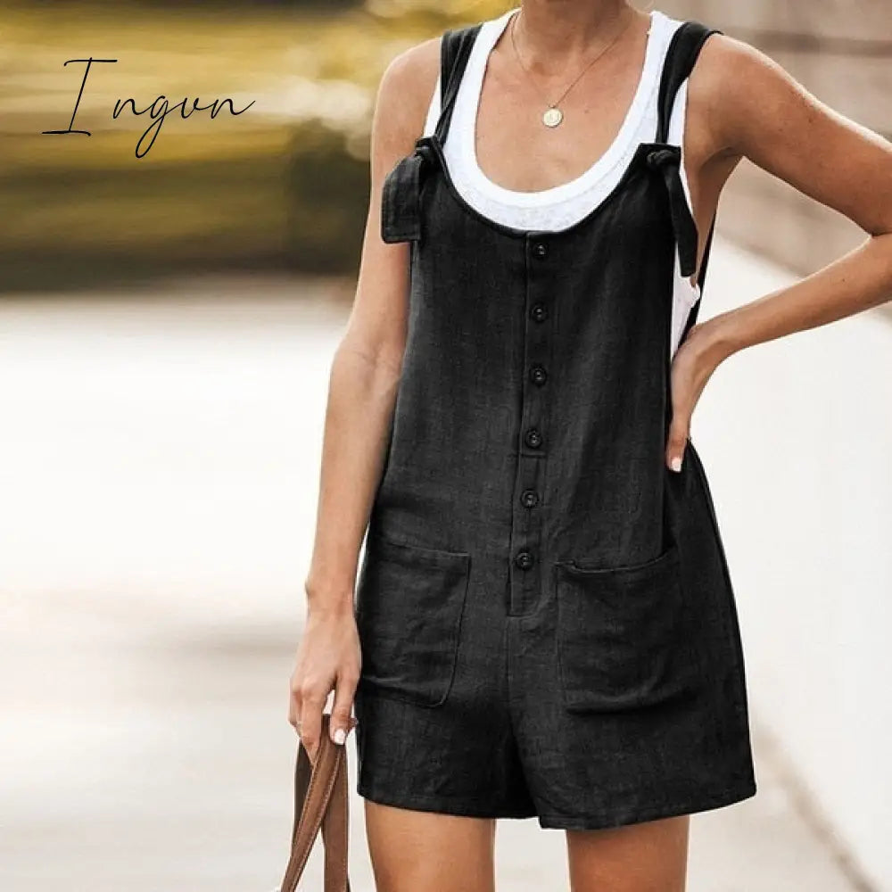 Ingvn - Summer Women Sleeveless Overalls Elegant Jumpsuits Romper Casual Vintage Ladies Short Pants Cotton and linen Wide Leg Pants
