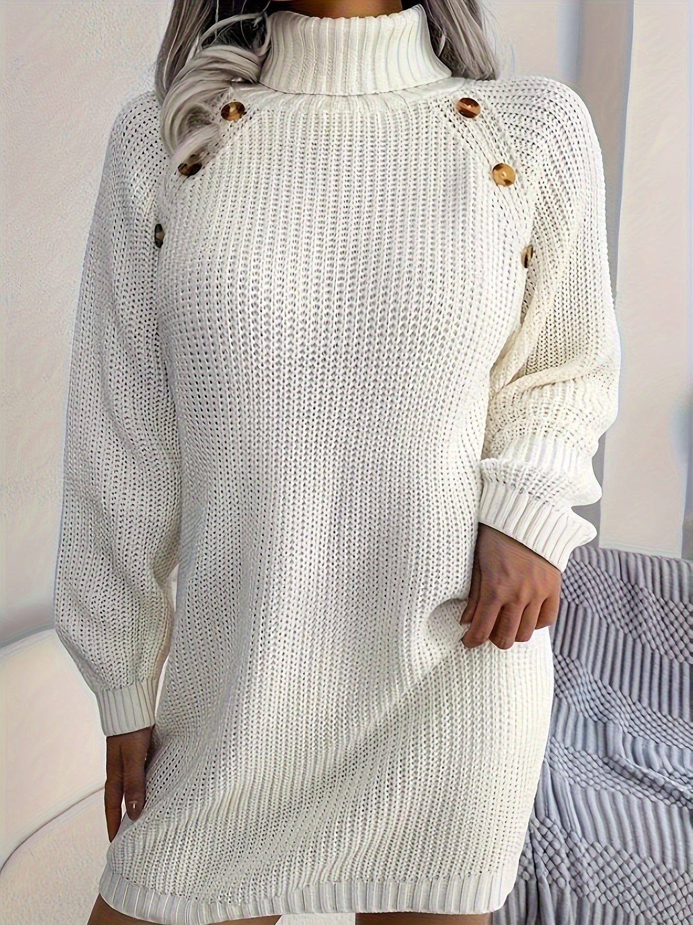 Turtleneck Solid Sweater Dress, Casual Long Sleeve Bodycon Dress, Women's Clothing