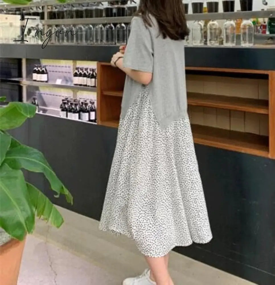 Ingvn - Autumn Women Plus Size XL-5XL Ladies Long Sleeve T-Shirt Dress Patchwork Print Robe Fake Two Piece Dress D08108R
