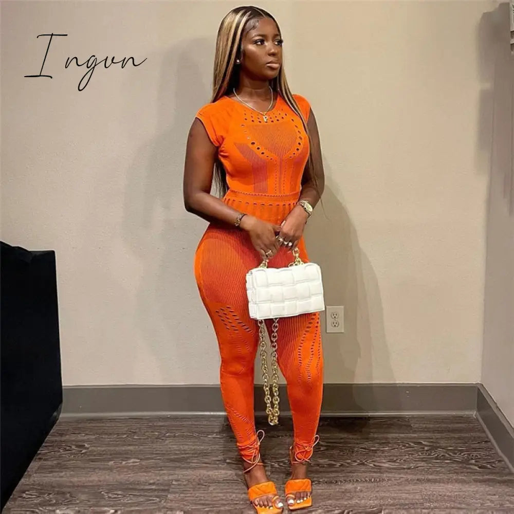 Ingvn - Hollow Out Knitted Mesh Jumpsuits Women Sexy See Through Long Sleeve Hipster Stretchy Skinny Overalls Clubwear Romper