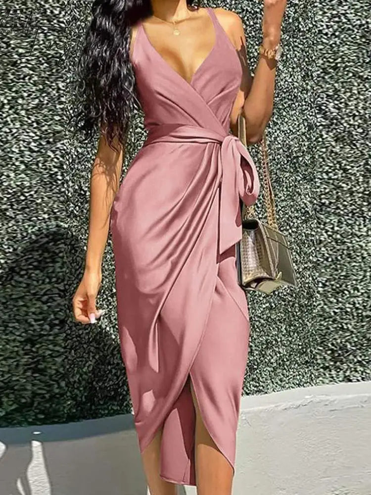 Ingvn - Office Elegant V Neck Strap Long Dress Women Sexy Sleeveless Irregular Party Dress Fashion Tie-up Wrap Solid Satin Maxi Dresses