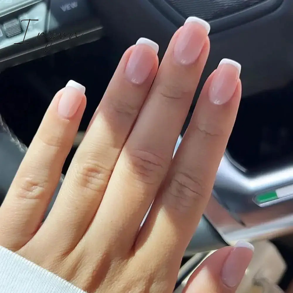 24Pcs French Tip  Press on Nails Short Coffin False Nails Simple Wearable Fake Nails Frosted Full Cover Press on Nail Tips Art