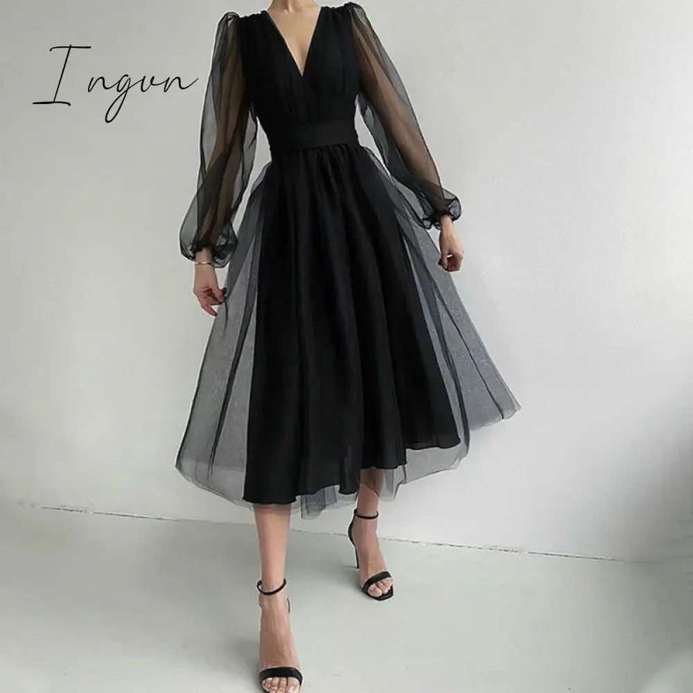 Ingvn - Deep V-Neck Women Mesh Dress Party Summer Long Puff Sleeve Pink Zipper A-Line Thin Waist Translucent Young Girls Clothes