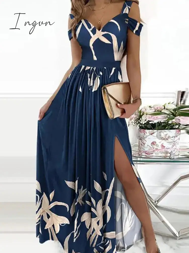 Ingvn - Female Short Butterfly Sleeve Split Fork Party Dress Solid Slim V Neck High Waist Dress Women Casual Summer Maxi Dress Vestidos
