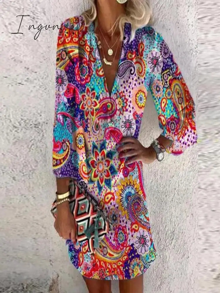 Ingvn - Women Fashion Floral Printed Summer Mid Length Dress Casual Long Sleeve Ladies A Line V Neck Office Street Holiday Dresses