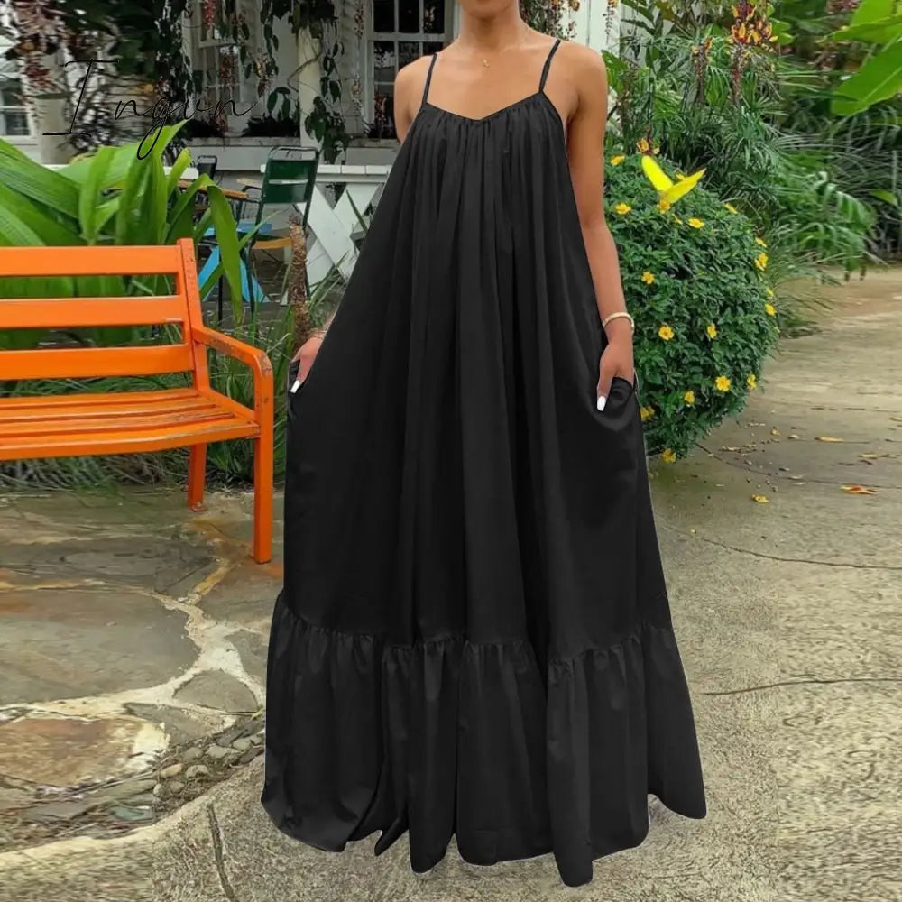 Ingvn - Summer Dress Women Sexy Short Sleeve Ruffled Maxi Long Dress Casual Loose Solid Pleated Beach Vestido Robe Plus Size