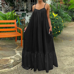 Ingvn - Summer Dress Women Sexy Short Sleeve Ruffled Maxi Long Dress Casual Loose Solid Pleated Beach Vestido Robe Plus Size