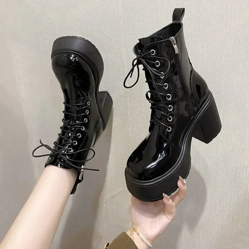 Spring Autumn Women Ankle Boots Waterproof Platform Lace Up Thick Heel Short Boots Fashion 9cm High Heel Leather Botas for Women