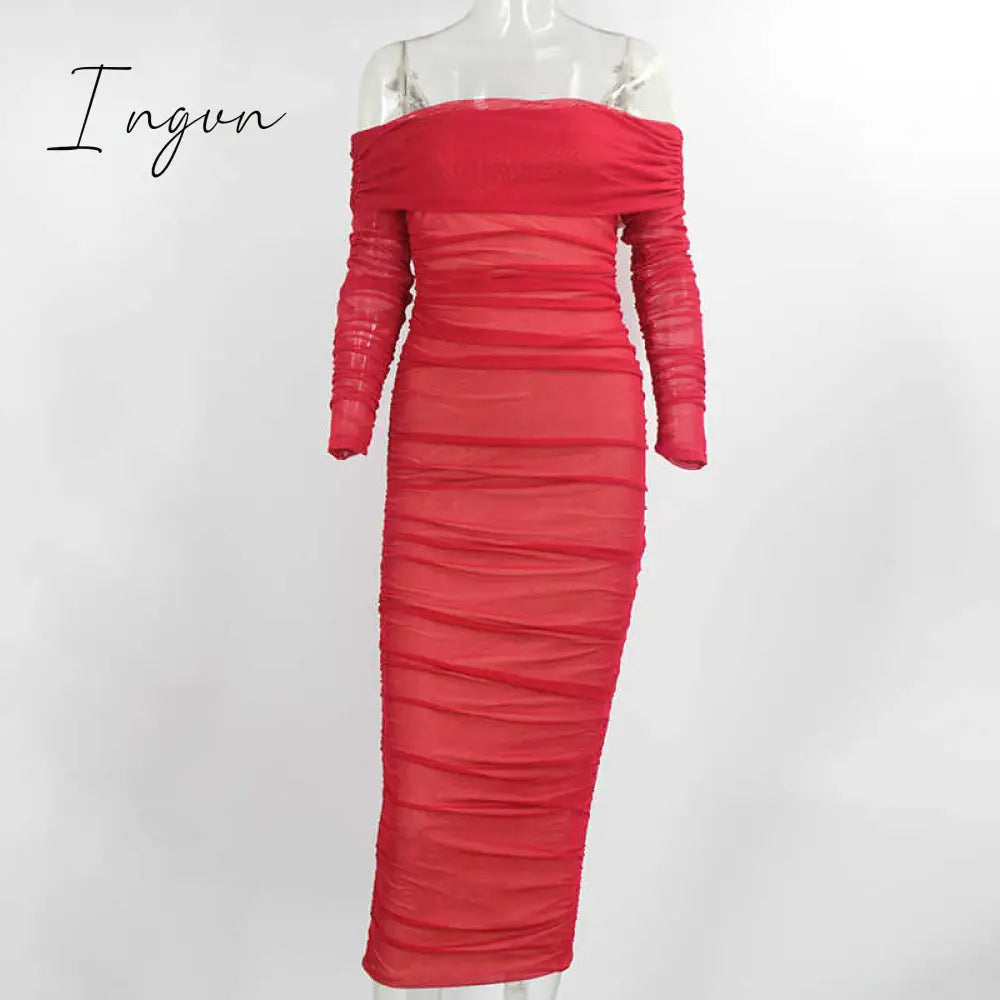 Ingvn - Trends high quality Off Shoulder Ruched Double Layer Mesh Dress Women Long Sleeve Sexy Dresses Ladies Autumn Party Long Christmas Dress