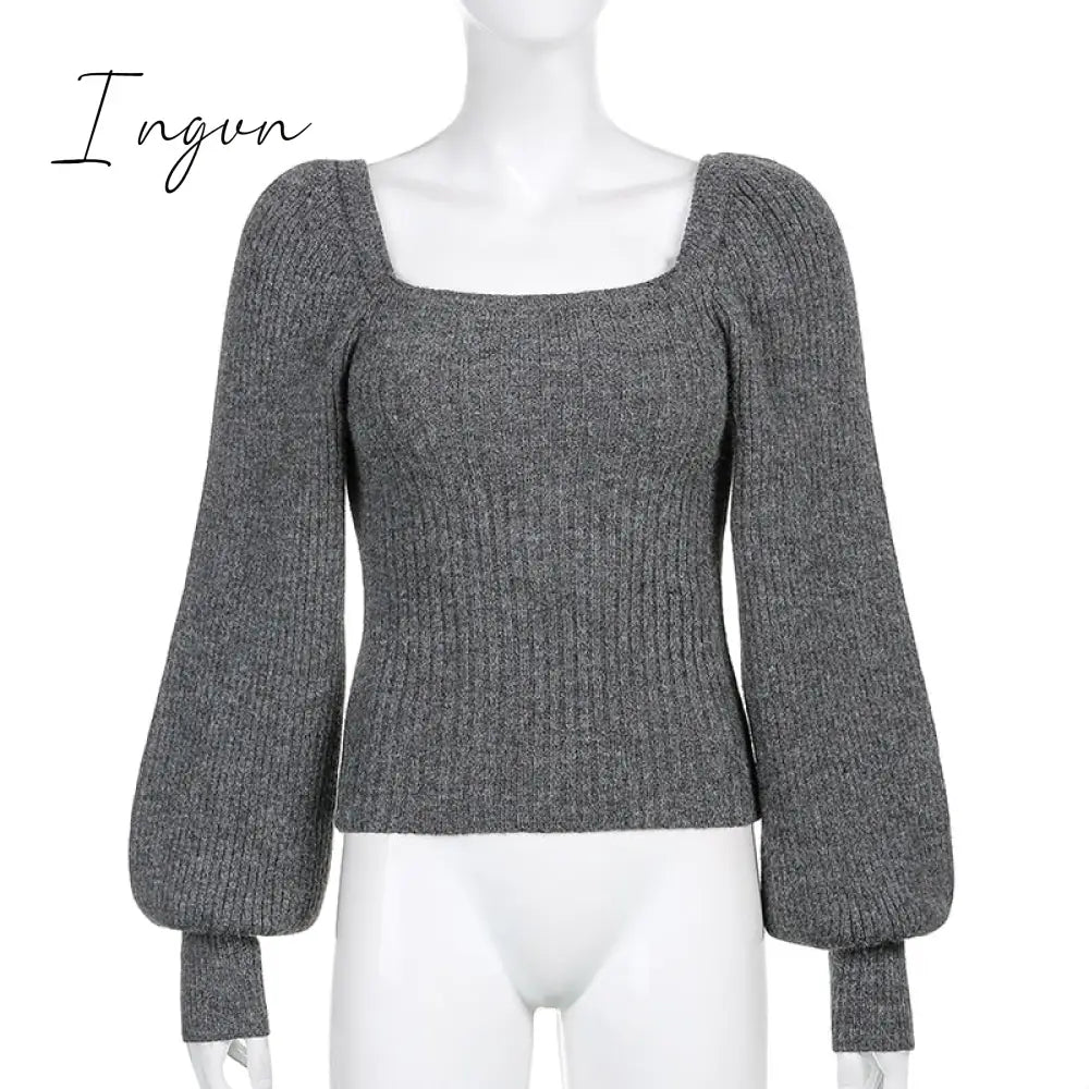 Ingvn - Knitted Women's Sweater Vintage Pullover Long Puff Sleeve Pink Square Neck Top Korean Fashion Style Autumn Winter Clothing