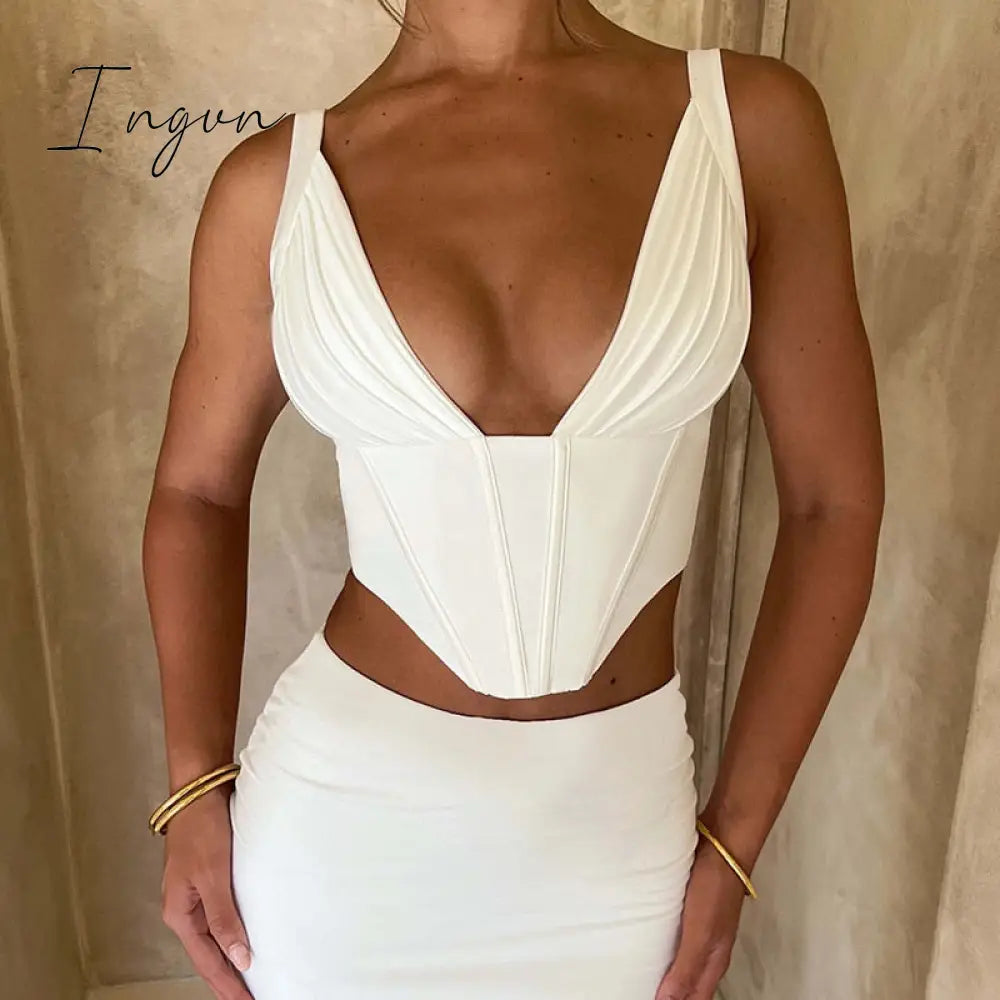 Ingvn - Women Club Camis Top Pleated Chest Fishbone Sleeveless Crop Tops Fashion Backless Corset Tops Sexy Party Tank Top