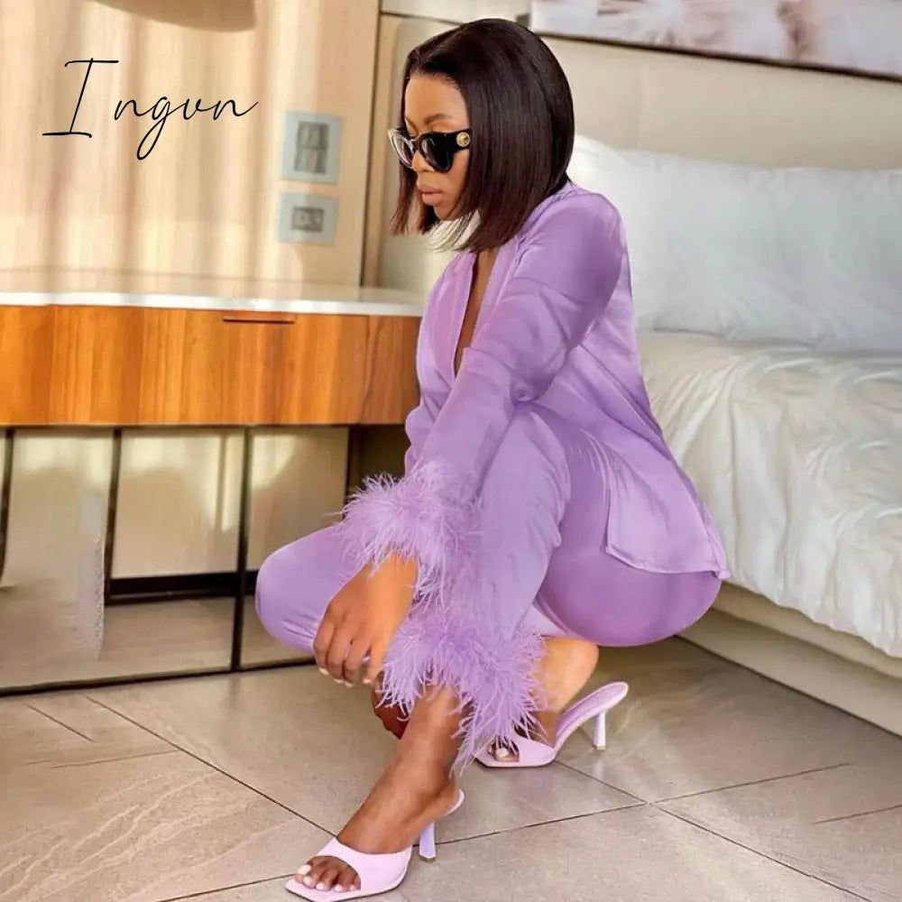 Ingvn - 2 Piece Sets Outfits Feather Long Sleeve Blouse Top Shirts And Pants Women Tracksuits Y2K Elegant Casual Party Sexy 2023
