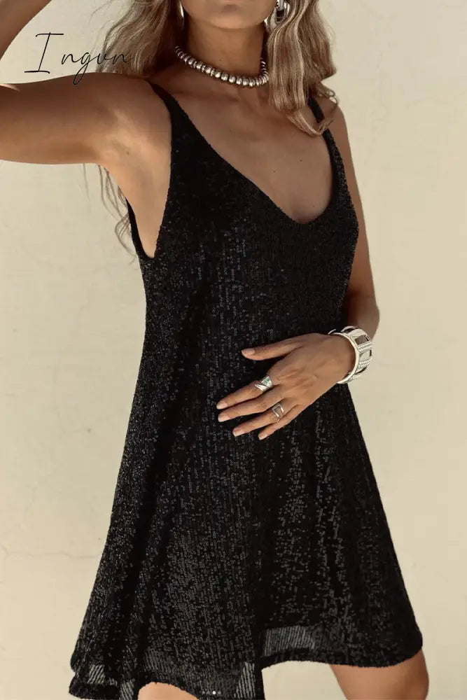 Ingvn - Sexy Solid Sequins V Neck Sling Dress Dresses