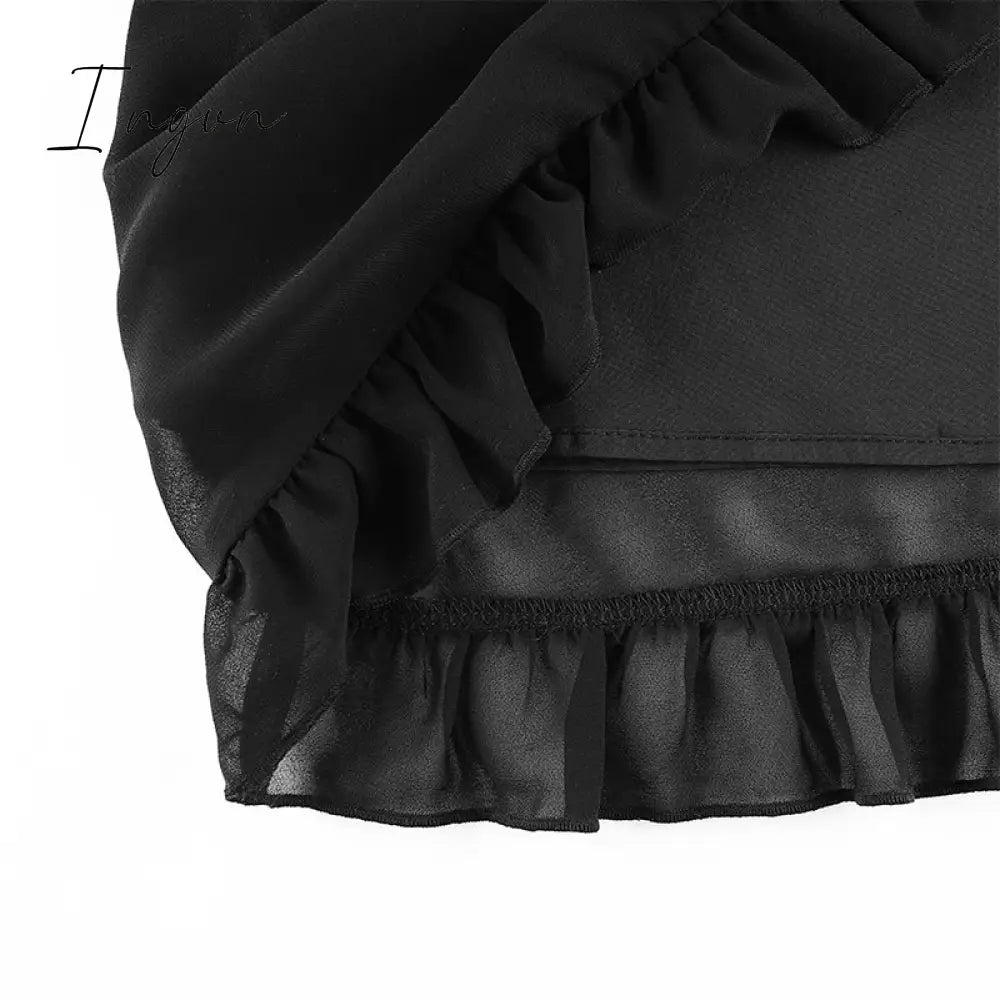 Ingvn - Sweetown Dark Academia Gothic Dresses Women Chiffon Ruffles Black E Girl Clothes Sleeveless V Neck Lace Up Mini Dress Summer