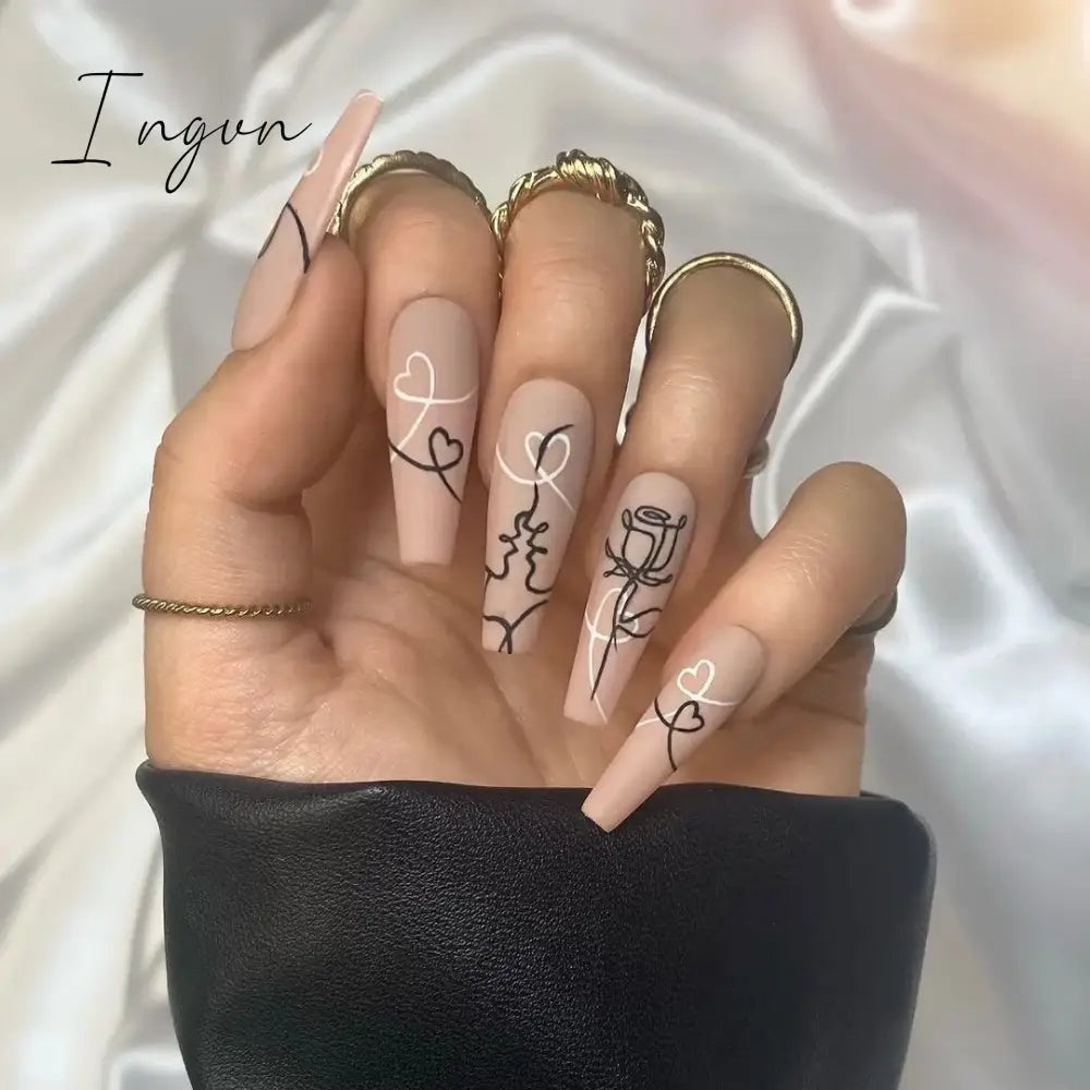 Extra Long Coffin Fake Nail Black And White Plaque False Nails French Ballerina Artificial Full Cover Nail Tips Press On Nail