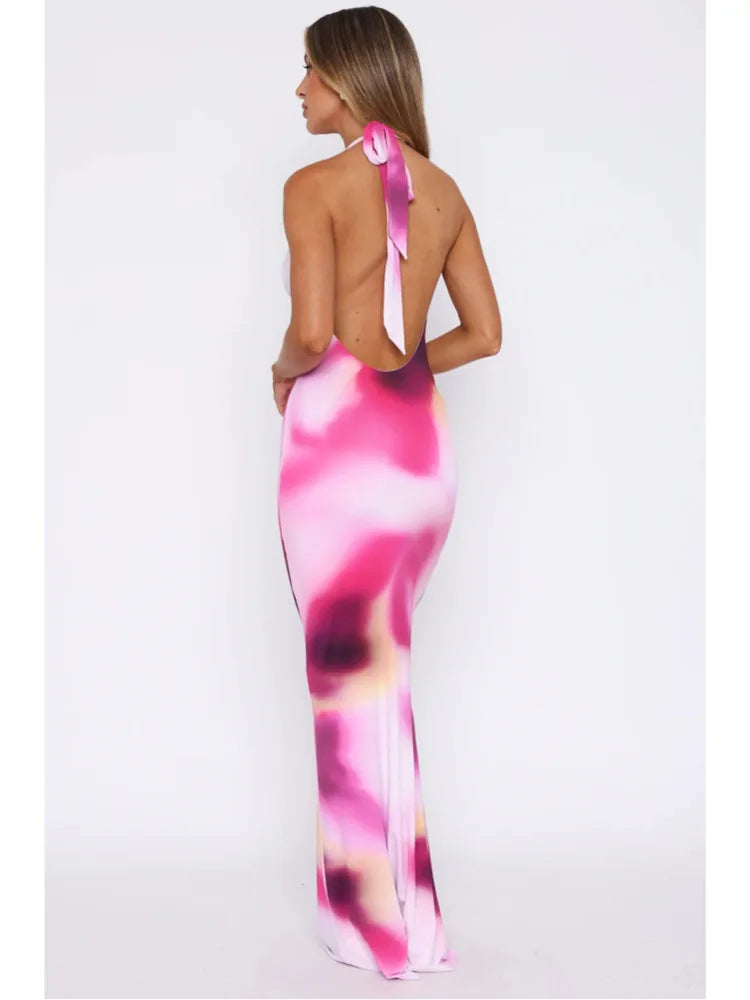 Elegant Sleeveless Swinging Neck Printed Slim Dress Women Sexy Open Back Lace Up Bodycon Long Dress Vacation Beach Party