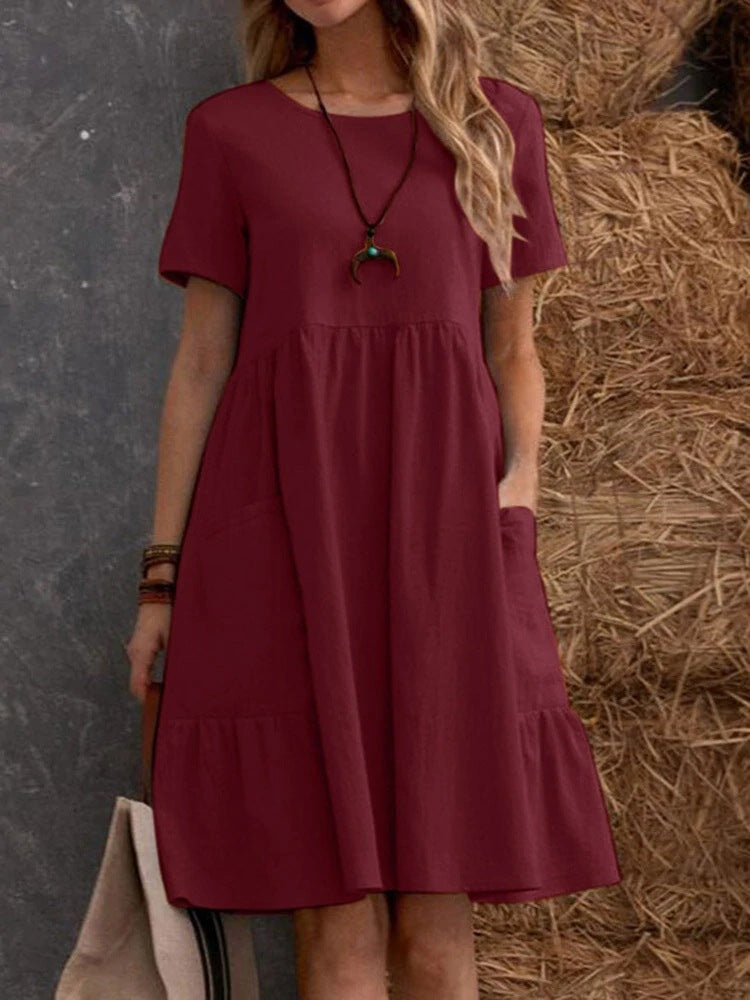 Summer European and American  Station Retro Loose Pocket Solid Color Crewneck Women's Cotton and Linen dress