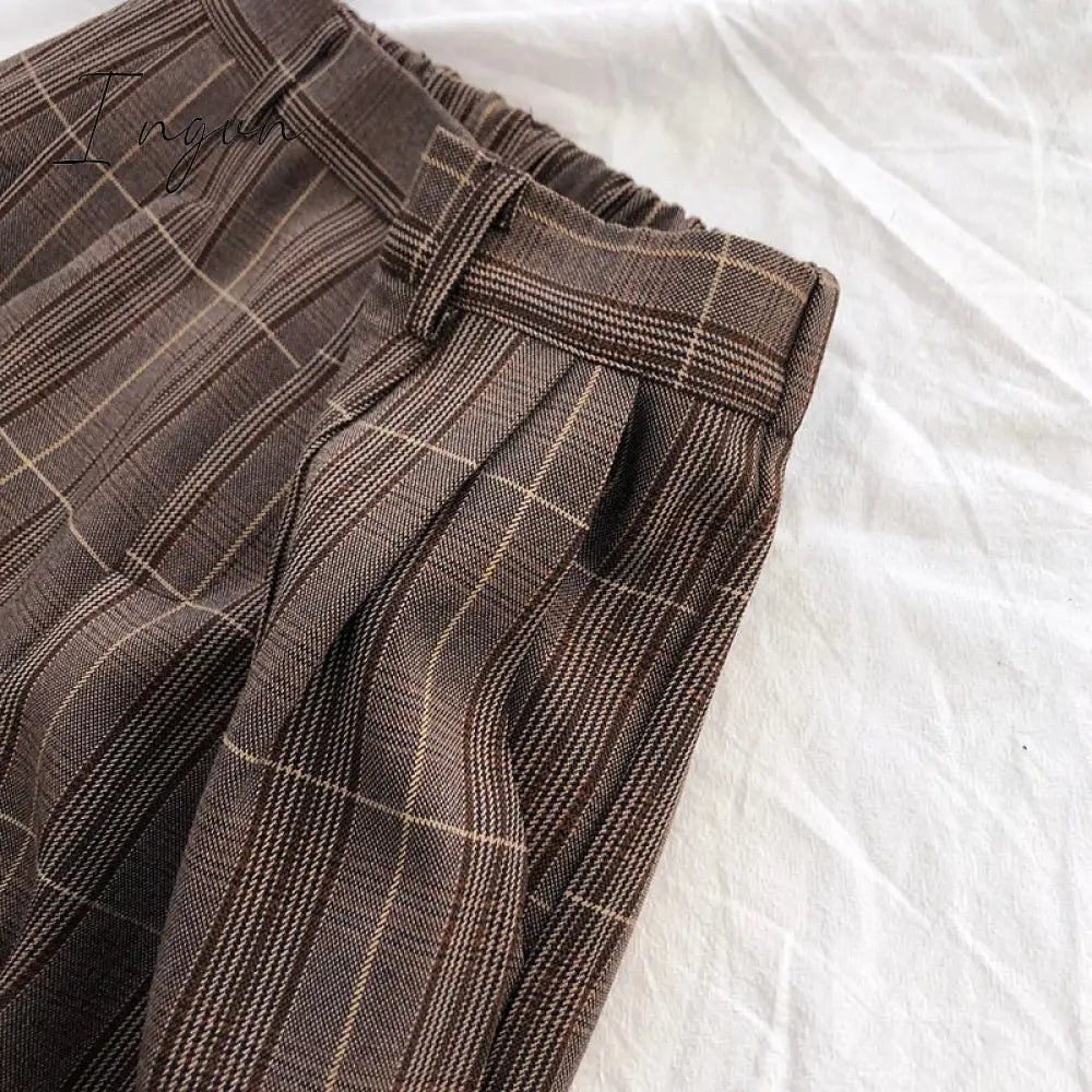 Ingvn - Fashion Trends Spring Women Pants Plaid High Waist Dropping Feeling High Waist Wide Leg Long Suit  Pants