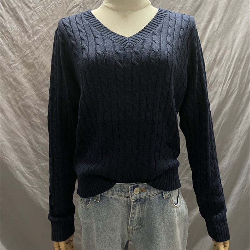 Brandy Mandy Sweaters Women White Knit Sweater Autumn Winter V Neck Long Sleev Knitted Sweater Navy Pullover Brandy Girl Sweater
