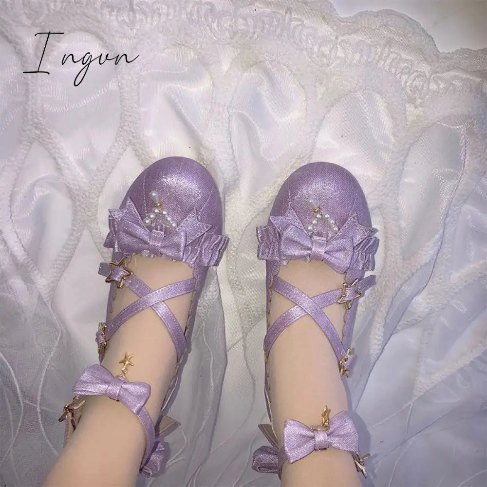 Ingvn - Sweet Lolita Shoes Vintage Round Head Middle Heel 3-5cm Women Shoes Cute Bowknot Cross Bandage Kawaii Shoes Loli  Kawaii Girl