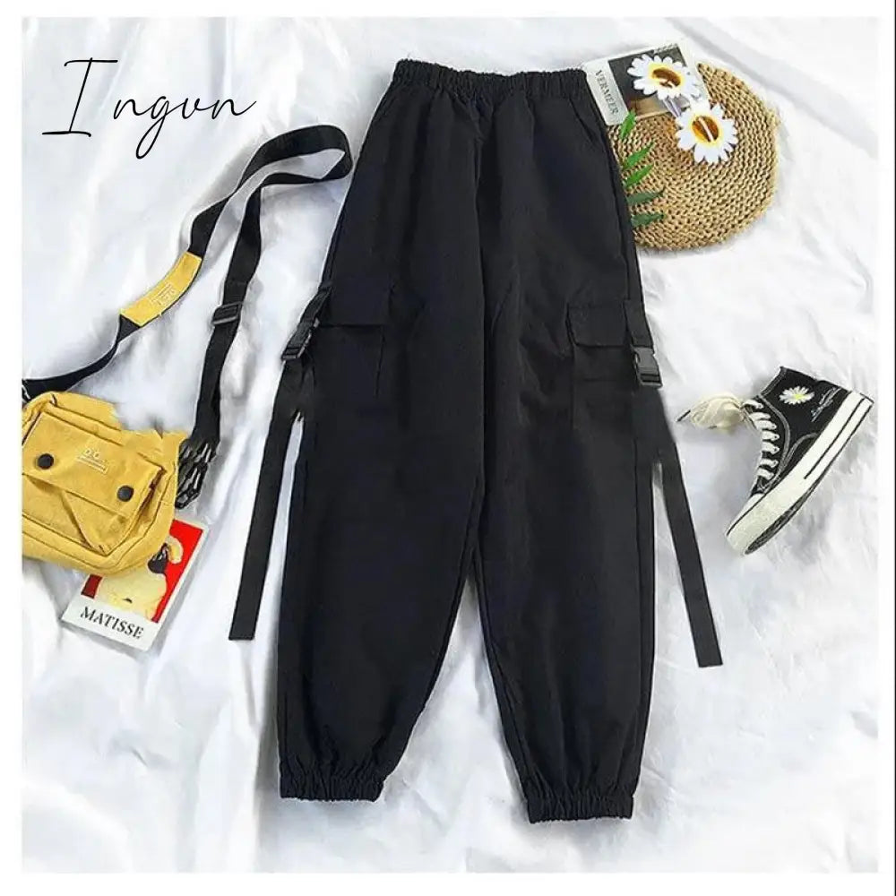 Ingvn - Spring Womens Fashion Autumn Streetwear Pants High-Waist Straight Ribbon Cargo Pants Student Loose Short-Sleeved Shirt with Tie two-piece Set