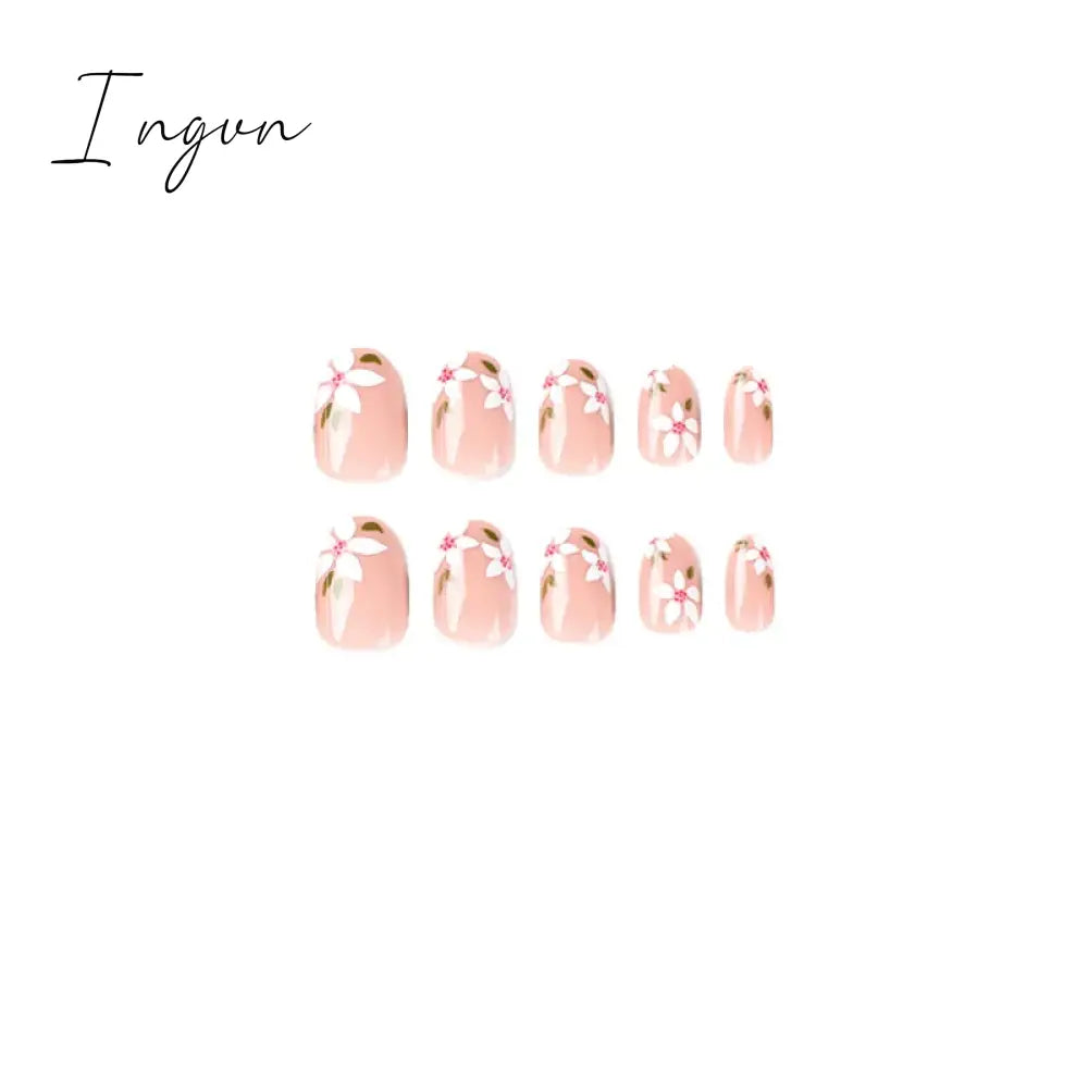 24pcs Short Almond False Nails Flower Pattern Oval Fake Nails Press on Nails Full Cover Wearable Manicure Acrylic Nail Tips