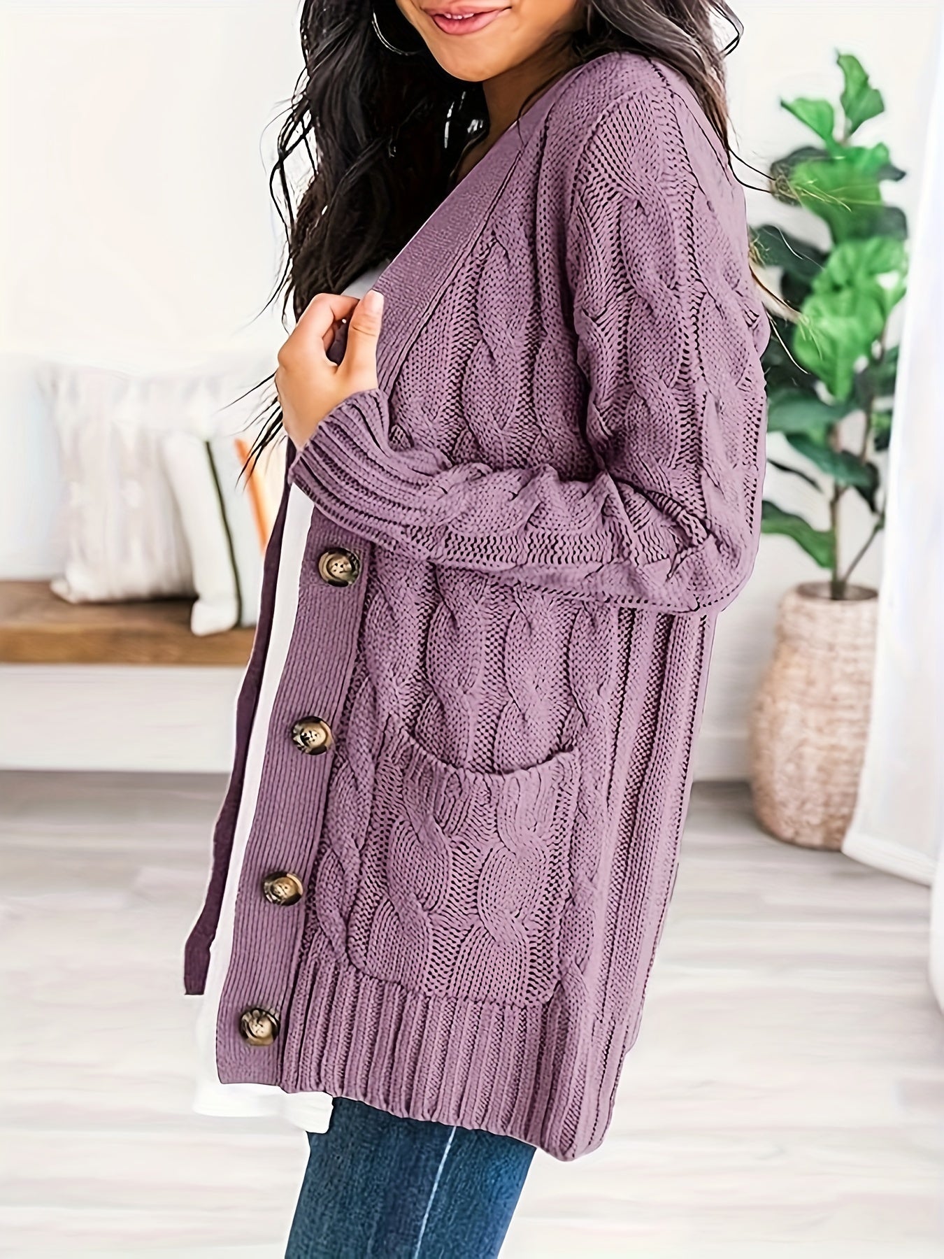 Cable Knit Button Front Cardigan, Casual Solid Long Sleeve Cardigan For Fall & Winter, Women's Clothing