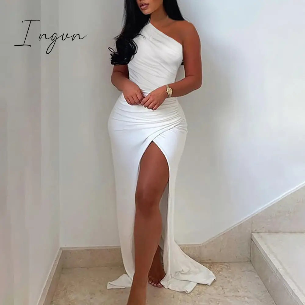 Ingvn - New Summer Elegant Solid One Shoulder High Split Thigh Ruched Maxi Floor Dress White Sexy Corset Asymmetric Party Robes Female