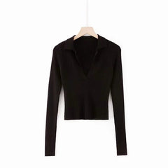 Vintage Knitted Sweater T-shirt Turn-down Collar Long Sleeve Crop Top Shirts Women Autumn Fashion Clothes Top Tees
