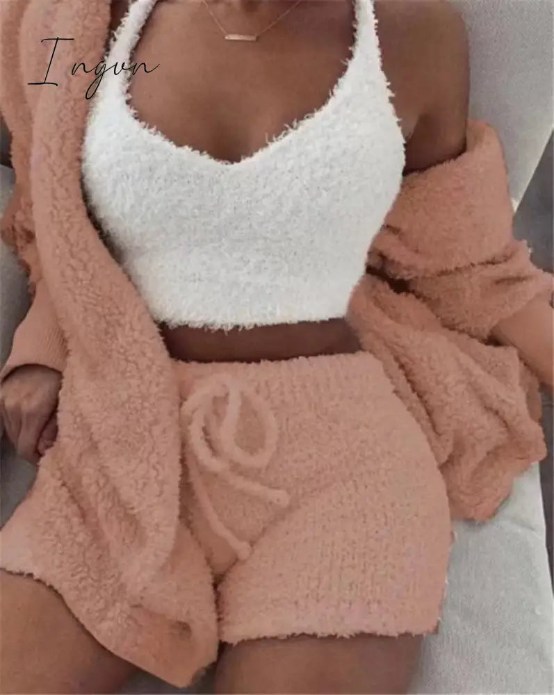Ingvn - Brand quality Autumn Winter 3 Piece Fluffy Outfits Plush Sexy Backless Fleece Pyjamas Women Casual Sports Sweatshirt Home Wear Sets Tracksuit