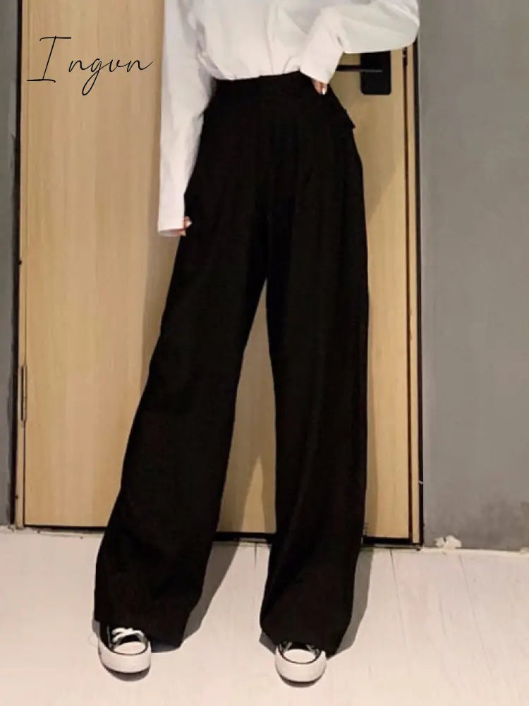 Ingvn - Retro Solid Color Wild Straight Wide Leg Pants Female Spring New Korean Fashion High Waist Casual Long Pants