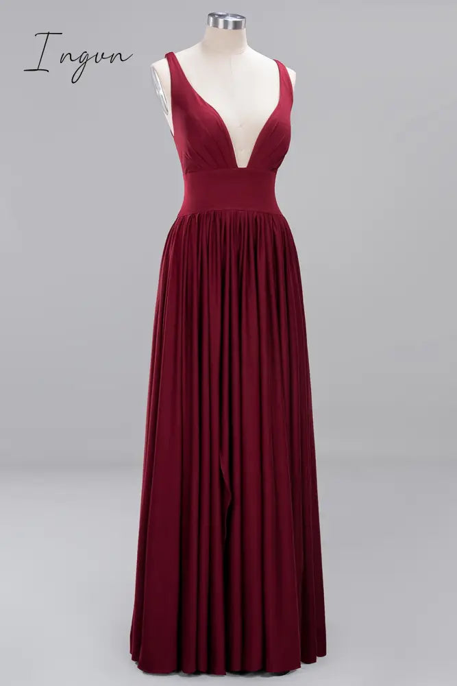 Ingvn - Sexy Bridesmaid Dresses Satin Simple V Neck High Slit Wedding Party Backless Evening Robe For Cccasion Long Prom Gown