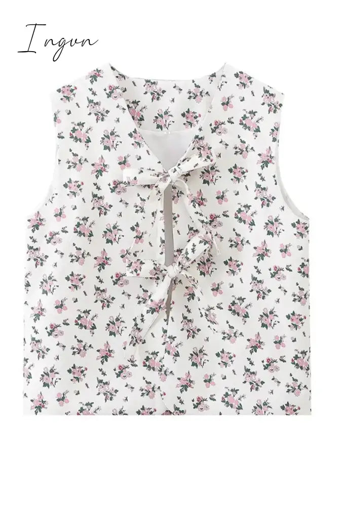 Casual Sweet Print Flowers Frenulum V Neck Tops
