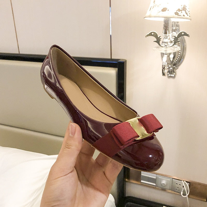 Patent Leather Bow In A Thick Single-heel Women's Shallow Flat-soled High-heeled Red Wedding Shoes Spring Shoes