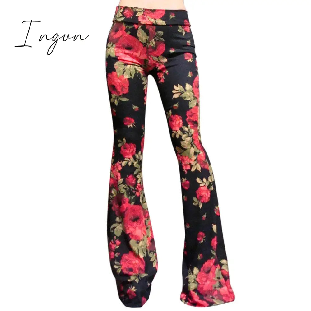 Ingvn - Spring Autumn Bell Bottom Pants Women Streetwear Flare Pants Beach Trousers Ladies Fashion Elastic Print Slim Pants