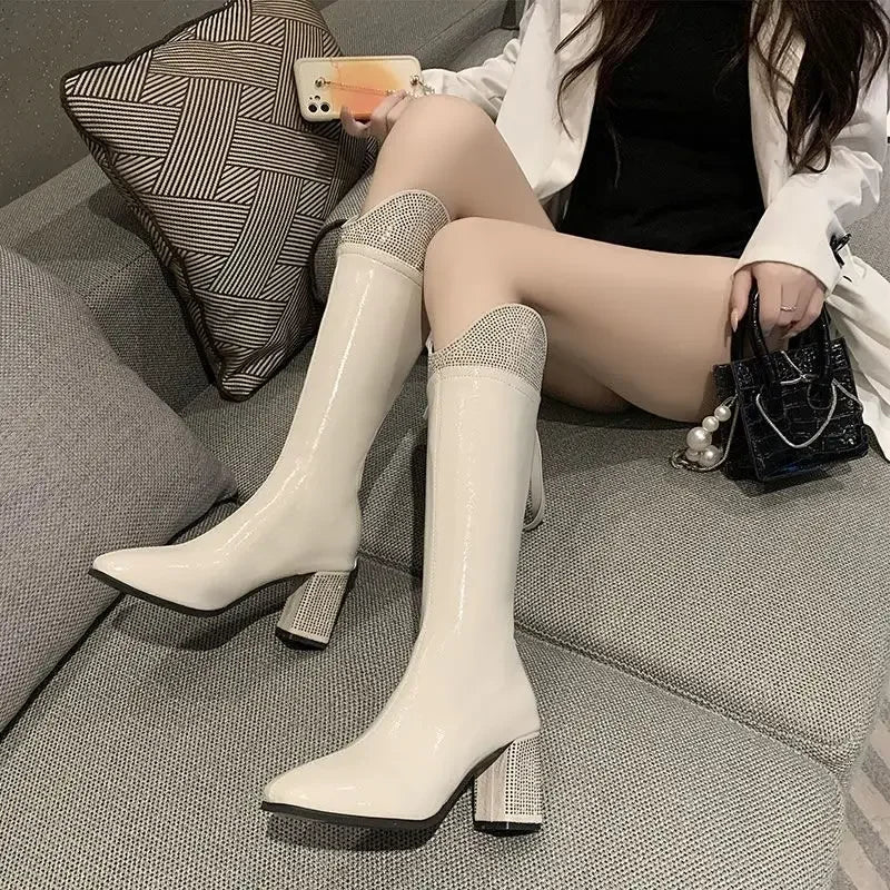 Ingvn  Footwear Long Square Toe Ladies Boots White Shoes for Women Tassel Winter Knee High Shaft Rhinestone Chic and Elegant Hot New In