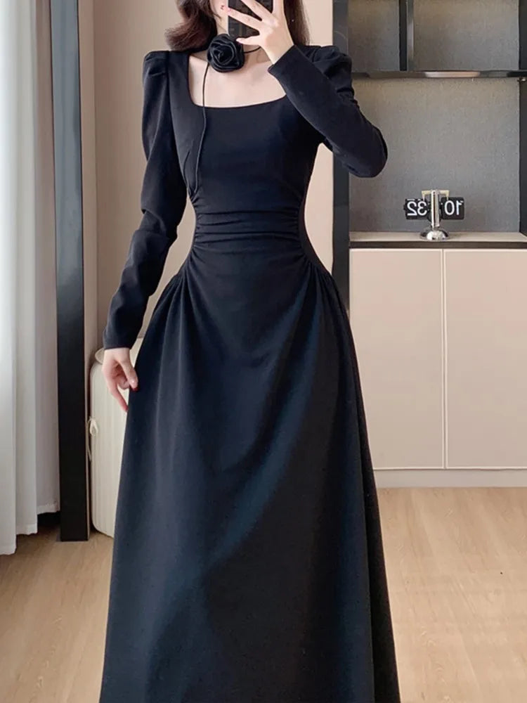 Elegant Chic Women Fashion Black Dress Vintage Casual A-Line Solid Party Birthday Prom Dresses Female Spring Clothes Robe Mujers
