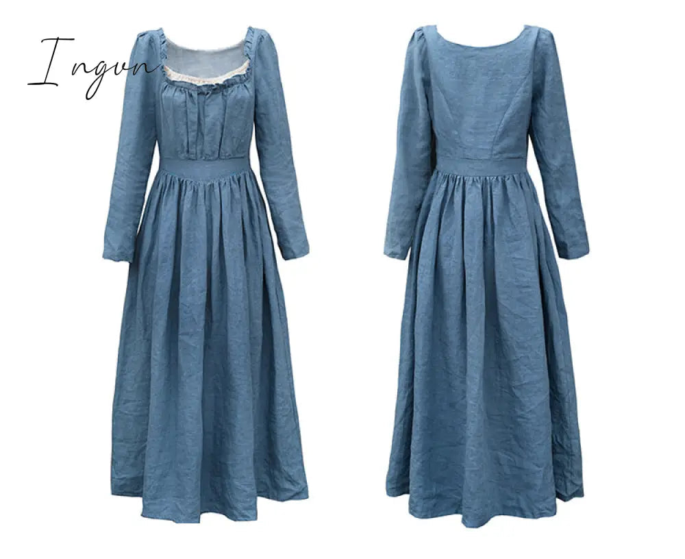 Ingvn - Spring Autumn Women 100%Linen Coffee Long Dress Ladies Victoria Royal Vintage Elegant Long Sleeve  High Waist Dress robe longue