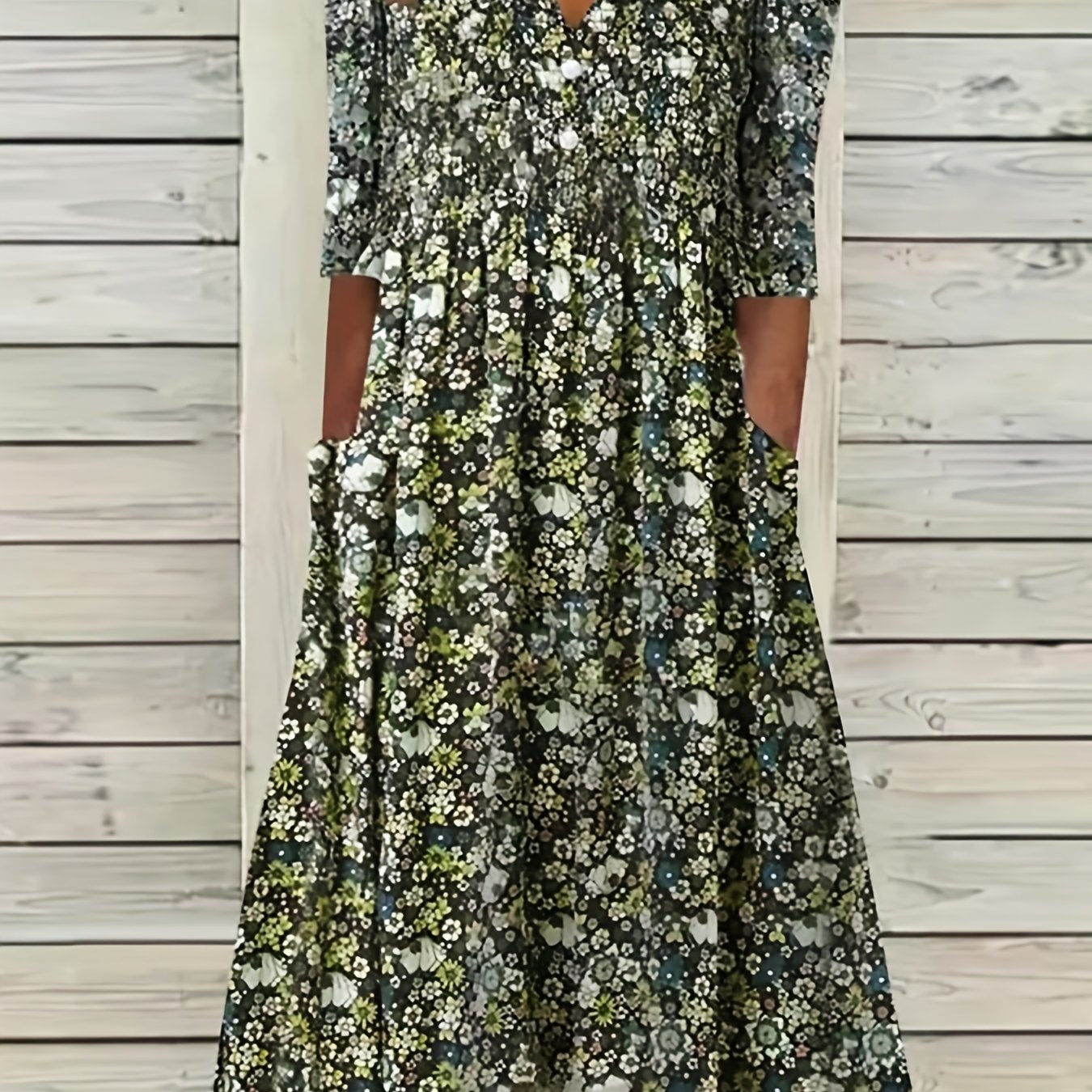 Vibrant Ditsy Floral V-Neck Dress - Comfy Ruched Design with Handy Pockets - Perfect for Summer Casual Outings, Women’s Fashion