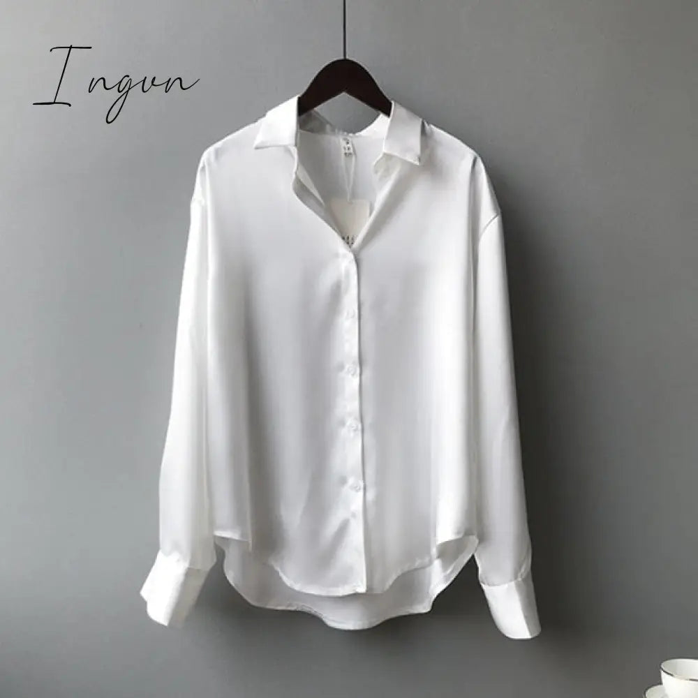 Ingvn - Silk Korean Office Ladies Elegant Shirt Blouse Women Fashion Button Up Satin Shirt Vintage White Long Sleeve Shirts Tops 11355