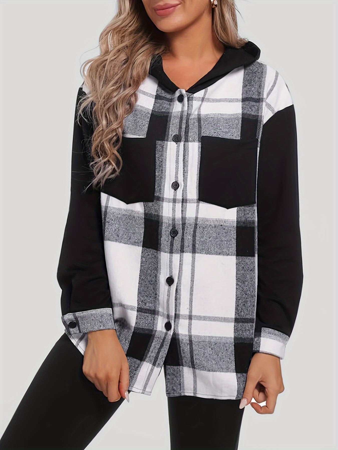 Plaid Print Hooded Jacket, Casual Button Front Long Sleeve Outerwear, Women's Clothing
