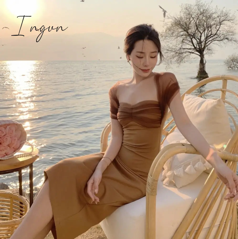 Ingvn - New Years Eve Dresses For Women Spring Summer Sexy Halter Mesh Patchwork Midi Dress Elegant Bodycon Slim Party Vestidos Female Fashion Vintage Clothes